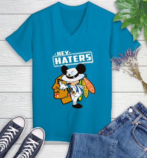 NHL Hey Haters Mickey Hockey Sports Chicago Blackhawks Women's V-Neck T-Shirt 7