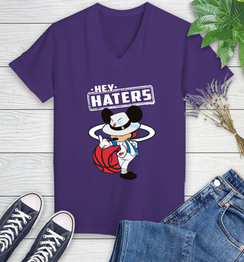 NBA Hey Haters Mickey Basketball Sports Miami Heat Women's V-Neck T-Shirt 3