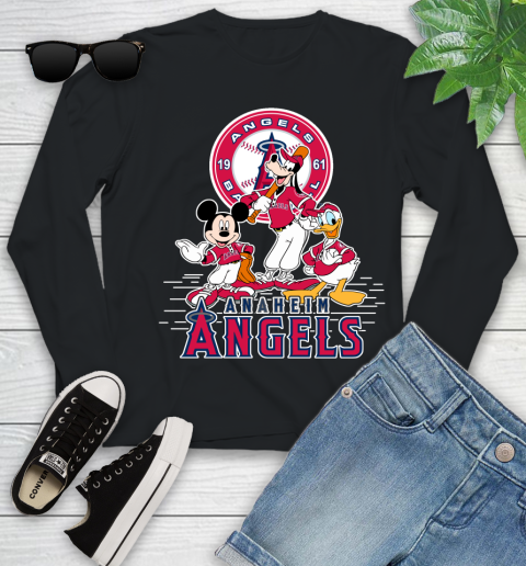 MLB Los Angeles Angels Mickey Mouse Donald Duck Goofy Baseball T Shirt Youth Long Sleeve