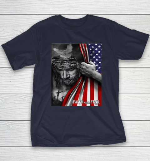 Faith Over Fear God Jesus Christian Flag 4th Of July Youth T-Shirt 2