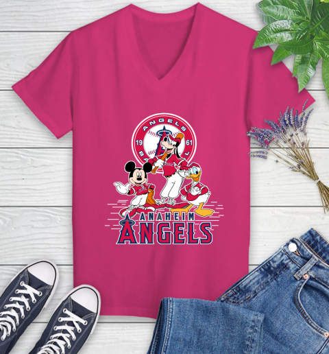 MLB Los Angeles Angels Mickey Mouse Donald Duck Goofy Baseball T Shirt Women's V-Neck T-Shirt 9