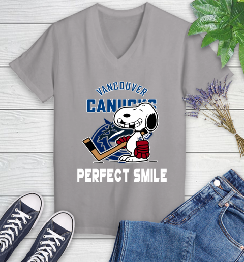 NHL Vancouver Canucks Snoopy Perfect Smile The Peanuts Movie Hockey T Shirt Women's V-Neck T-Shirt 4
