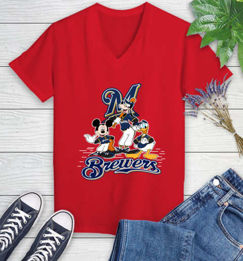 MLB Milwaukee Brewers Mickey Mouse Donald Duck Goofy Baseball T Shirt Women's V-Neck T-Shirt 11