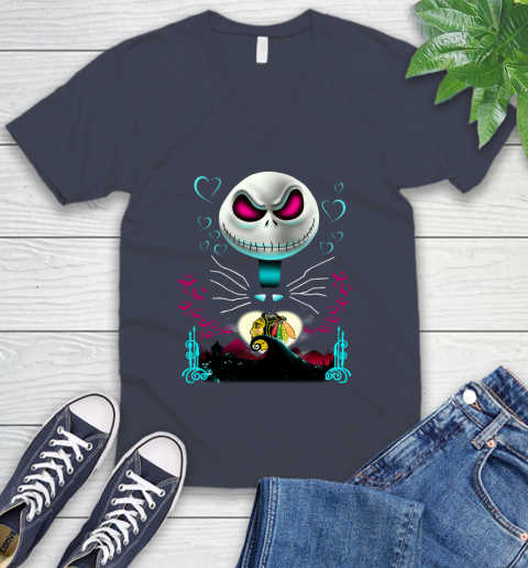 NHL Chicago Blackhawks Jack Skellington Sally The Nightmare Before Christmas Hockey V-Neck T-Shirt 8