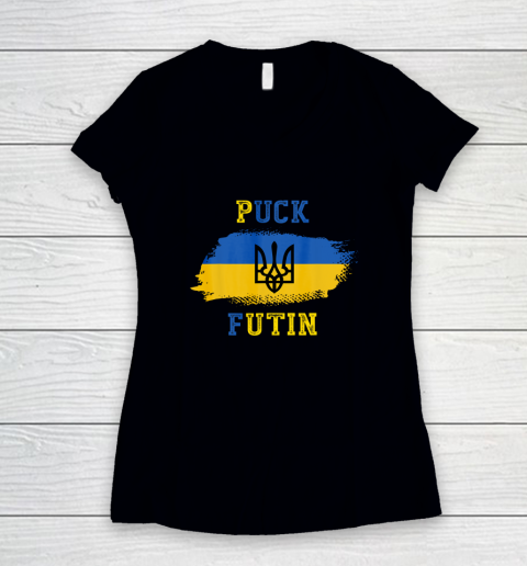 Ukraine Shirt Puck Futin Funny Stand With Ukraine Ukrainian Lover support Women's V-Neck T-Shirt