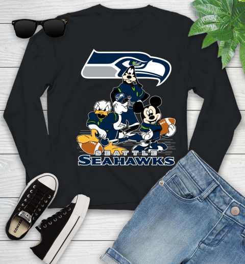 NFL Seattle Seahawks Mickey Mouse Donald Duck Goofy Football Shirt Youth Long Sleeve