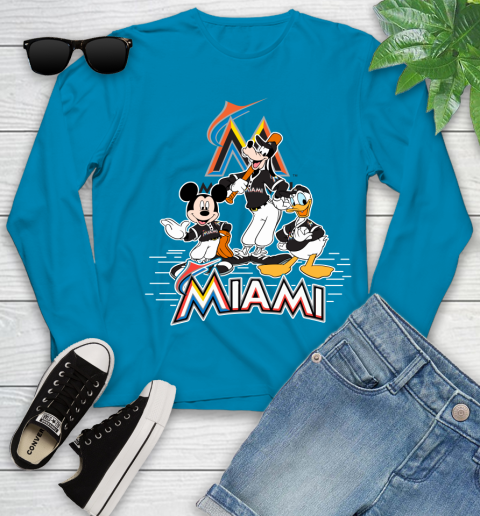 MLB Miami Marlins Mickey Mouse Donald Duck Goofy Baseball T Shirt Youth Long Sleeve 8