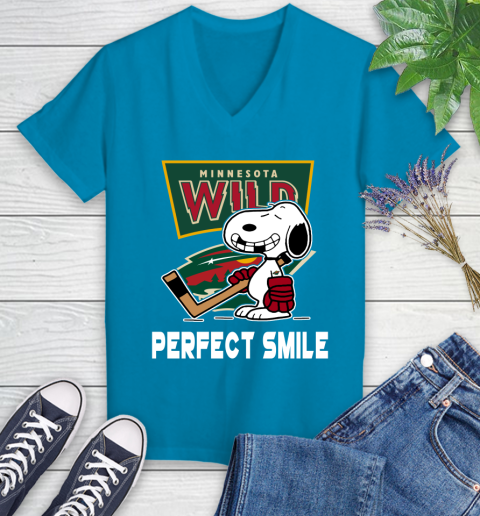 NHL Minnesota Wild Snoopy Perfect Smile The Peanuts Movie Hockey T Shirt Women's V-Neck T-Shirt 7