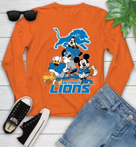 NFL Detroit Lions Mickey Mouse Donald Duck Goofy Football Shirt Youth Long Sleeve 3