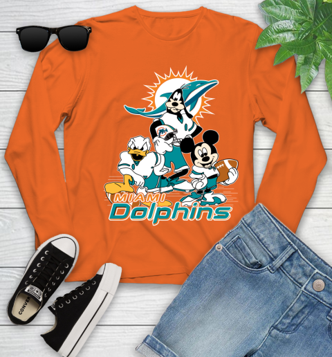 NFL Miami Dolphins Mickey Mouse Donald Duck Goofy Football Shirt Youth Long Sleeve 3
