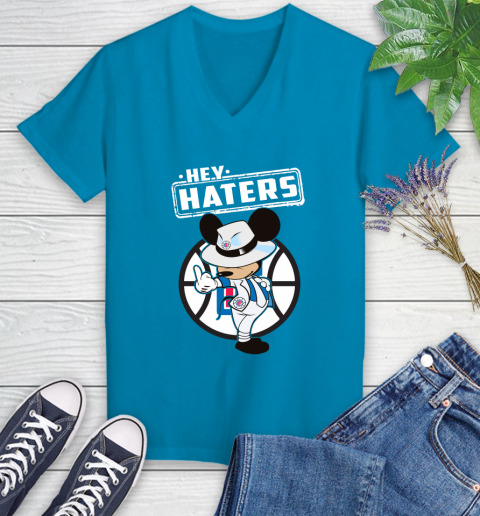 NBA Hey Haters Mickey Basketball Sports Los Angeles Clippers Women's V-Neck T-Shirt 7