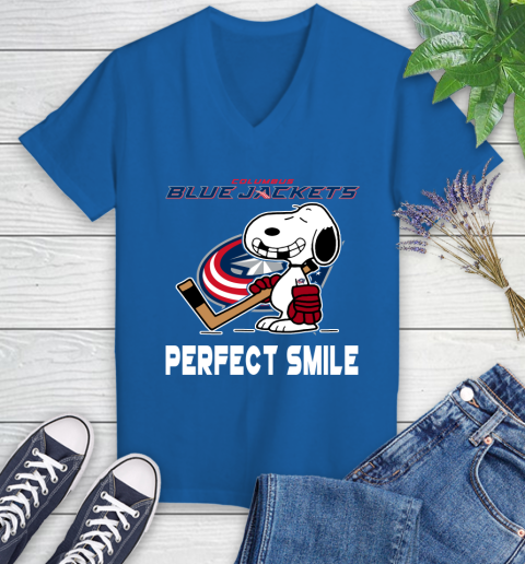 NHL Columbus Blue Jackets Snoopy Perfect Smile The Peanuts Movie Hockey T Shirt Women's V-Neck T-Shirt 10