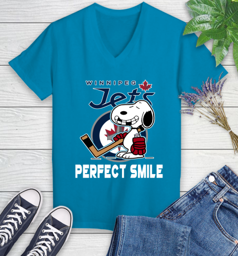 NHL Winnipeg Jets Snoopy Perfect Smile The Peanuts Movie Hockey T Shirt Women's V-Neck T-Shirt 7