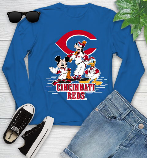 MLB Cincinnati Reds Mickey Mouse Donald Duck Goofy Baseball T Shirt Youth Long Sleeve 10