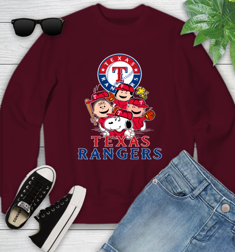 MLB Texas Rangers Snoopy Charlie Brown Woodstock The Peanuts Movie Baseball T Shirt Youth Sweatshirt 4