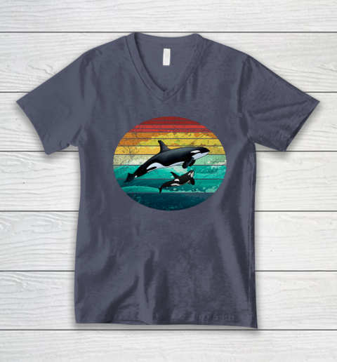Orca Family Vintage Retro Art Killer Whale Family V-Neck T-Shirt 6