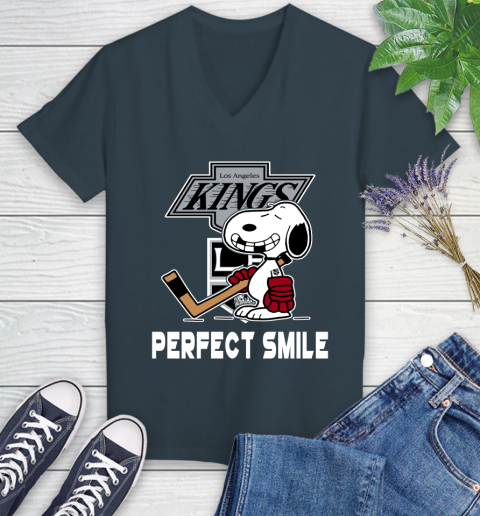 NHL Los Angeles Kings Snoopy Perfect Smile The Peanuts Movie Hockey T Shirt Women's V-Neck T-Shirt 8