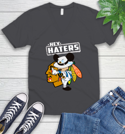 NHL Hey Haters Mickey Hockey Sports Chicago Blackhawks V-Neck T-Shirt 4