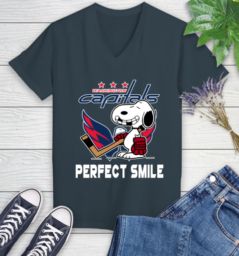 NHL Washington Capitals Snoopy Perfect Smile The Peanuts Movie Hockey T Shirt Women's V-Neck T-Shirt 8