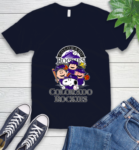MLB Colorado Rockies Snoopy Charlie Brown Woodstock The Peanuts Movie Baseball T Shirt_000 V-Neck T-Shirt 2