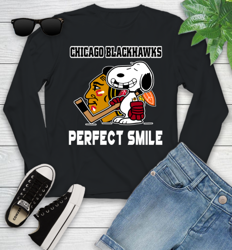 NHL Chicago Blackhawks Snoopy Perfect Smile The Peanuts Movie Hockey T Shirt Youth Long Sleeve