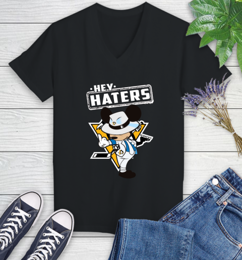 NHL Hey Haters Mickey Hockey Sports Pittsburgh Penguins Women's V-Neck T-Shirt