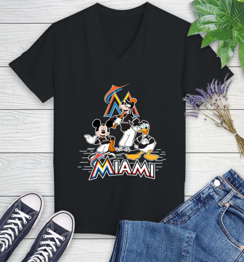 MLB Miami Marlins Mickey Mouse Donald Duck Goofy Baseball T Shirt Women's V-Neck T-Shirt
