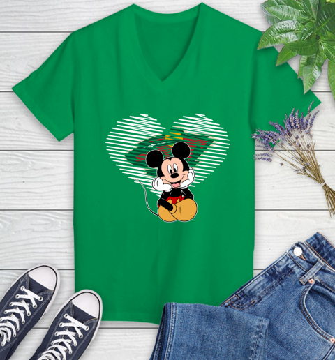 NHL Minnesota Wild The Heart Mickey Mouse Disney Hockey Women's V-Neck T-Shirt 5