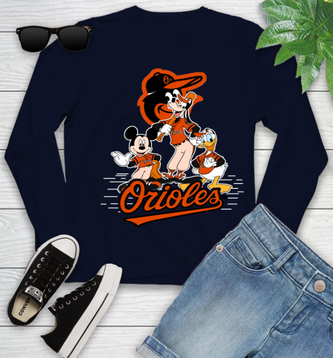 MLB Baltimore Orioles Mickey Mouse Donald Duck Goofy Baseball T Shirt Youth Long Sleeve 2