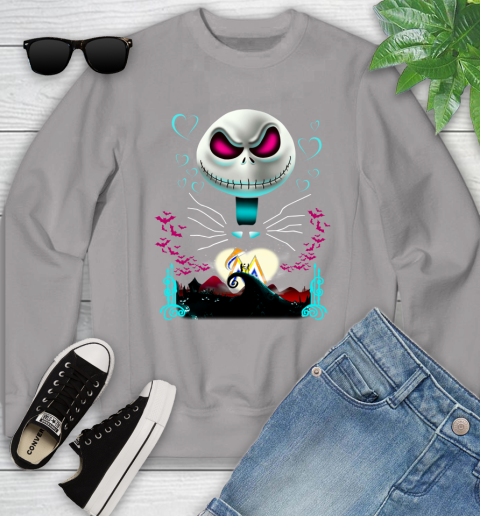 MLB Miami Marlins Jack Skellington Sally The Nightmare Before Christmas Baseball Youth Sweatshirt 3