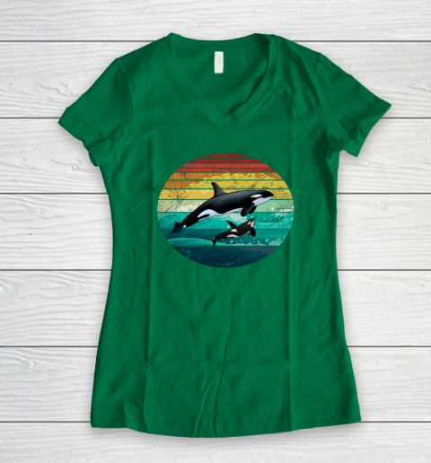 Orca Family Vintage Retro Art Killer Whale Family Women's V-Neck T-Shirt 3