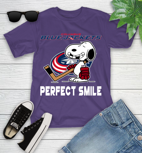 NHL Columbus Blue Jackets Snoopy Perfect Smile The Peanuts Movie Hockey T Shirt Youth T-Shirt 3