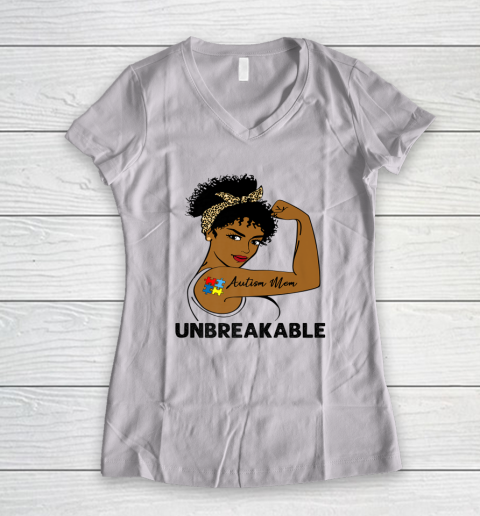 Autism Mom Strong Black Women Unbreakable Autism Awareness Black Girl, Women Women's V-Neck T-Shirt