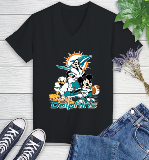 NFL Miami Dolphins Mickey Mouse Donald Duck Goofy Football Shirt Women's V-Neck T-Shirt