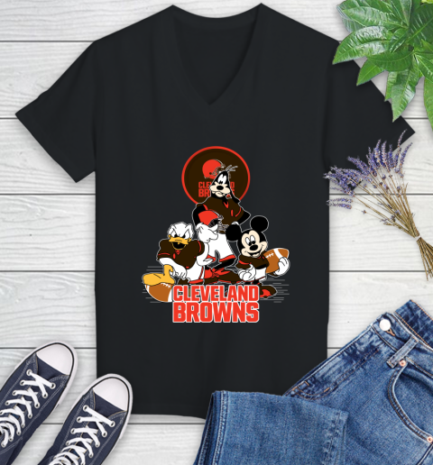 NFL Cleveland Browns Mickey Mouse Donald Duck Goofy Football Shirt Women's V-Neck T-Shirt