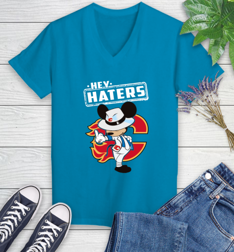 NHL Hey Haters Mickey Hockey Sports Calgary Flames Women's V-Neck T-Shirt 7