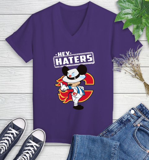 NHL Hey Haters Mickey Hockey Sports Calgary Flames Women's V-Neck T-Shirt 3