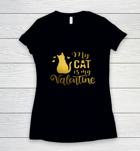 My Cat Is My Valentine Kitten Lover Heart Valentines Day Women's V-Neck T-Shirt 1