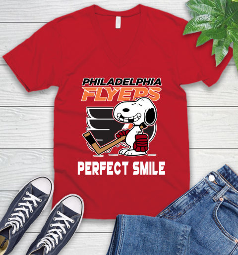 NHL Philadelphia Flyers Snoopy Perfect Smile The Peanuts Movie Hockey T Shirt V-Neck T-Shirt 6