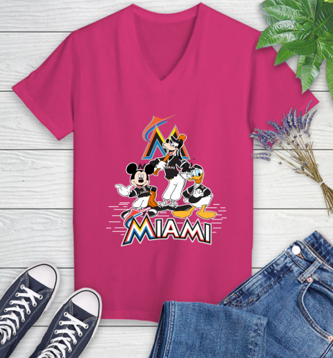 MLB Miami Marlins Mickey Mouse Donald Duck Goofy Baseball T Shirt Women's V-Neck T-Shirt 9