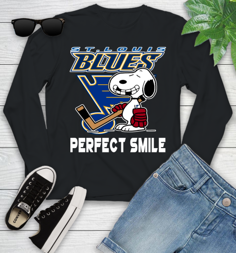 NHL St.Louis Blues Snoopy Perfect Smile The Peanuts Movie Hockey T Shirt Youth Long Sleeve
