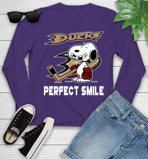 NHL Anaheim Ducks Snoopy Perfect Smile The Peanuts Movie Hockey T Shirt Youth Long Sleeve 4