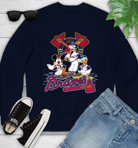 MLB Atlanta Braves Mickey Mouse Donald Duck Goofy Baseball T Shirt Youth Sweatshirt 2