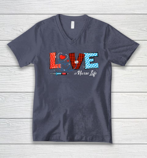 Love Nurselife Valentine Nurse Leopard Print Plaid Heart V-Neck T-Shirt 12