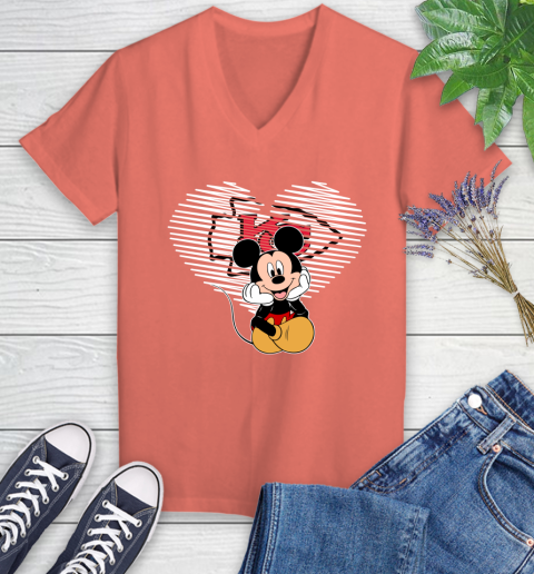 NFL Kansas City Chiefs The Heart Mickey Mouse Disney Football T Shirt_000 Women's V-Neck T-Shirt 6