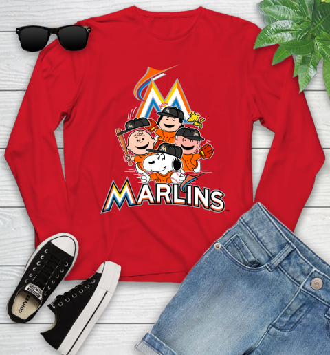 MLB Miami Marlins Snoopy Charlie Brown Woodstock The Peanuts Movie Baseball T Shirt Youth Long Sleeve 11