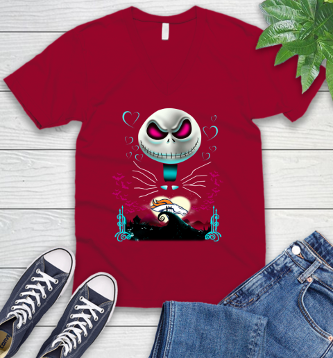 NFL Denver Broncos Jack Skellington Sally The Nightmare Before Christmas Football V-Neck T-Shirt 7