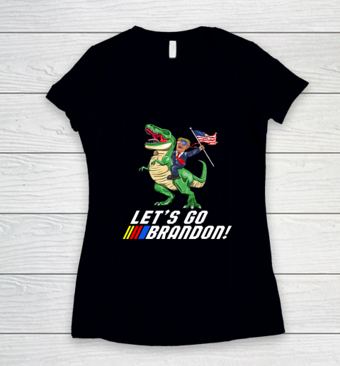 Let's go Brandon Trump on T Rex Dinosaur With American Flag Women's V-Neck T-Shirt