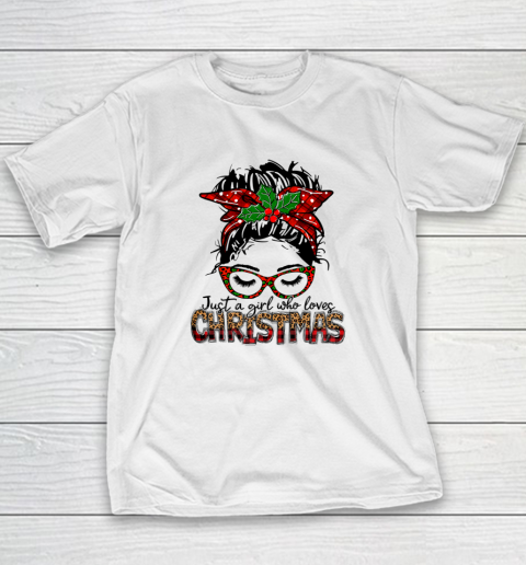 Just A Girl Who Loves Christmas Buffalo Plaid Messy Bun Girl T-Shirt