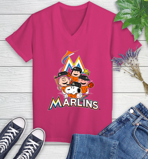 MLB Miami Marlins Snoopy Charlie Brown Woodstock The Peanuts Movie Baseball T Shirt Women's V-Neck T-Shirt 9